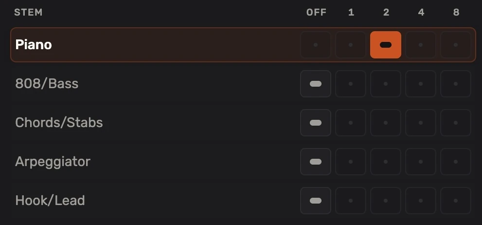 Music Agent instrument controls with Piano selected and a choice of take counts